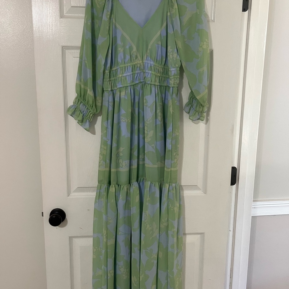 Taylor Green and Pale Blue Floral V-Neck Tiered Maxi Dress